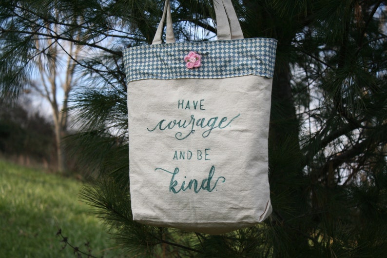 Large Hand-lettered Canvas Tote Bag with Fabric and Calligraphy Inspirational sayings