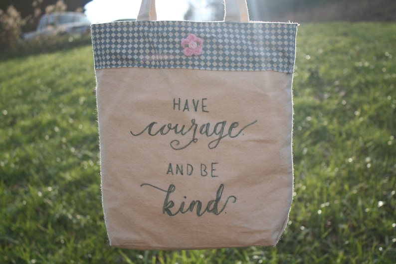 Large Hand-lettered Canvas Tote Bag with Fabric and Calligraphy Inspirational sayings