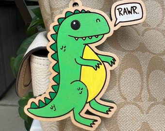 Personalisierter Dinosaurier-Rucksackanhänger: Handbemalter Ahornholz-Schlüsselanhänger