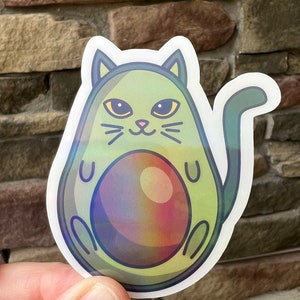 Holographic Cat Sticker, Cute Cat Sticker, Avocado Sticker, Water Bottle Sticker