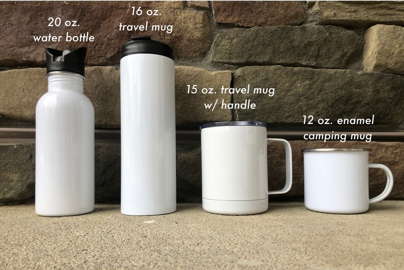 May include: Four different sizes of white blank sublimation mugs and a white water bottle. The mugs are 12 oz, 15 oz, 16 oz, and 20 oz. The water bottle is 20 oz.