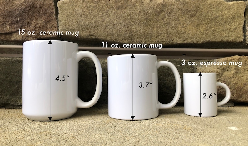 May include: Three white ceramic mugs of different sizes. The largest mug is 15 ounces and measures 4.5 inches tall. The middle mug is 11 ounces and measures 3.7 inches tall. The smallest mug is 3 ounces and measures 2.6 inches tall.