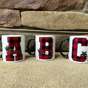 Monogrammed Family Christmas Mugs, Red Buffalo Plaid Alphabet Mug, Personalized Christmas Mug, Hot Chocolate Mug, Cat Holiday Mug, 11 oz mug