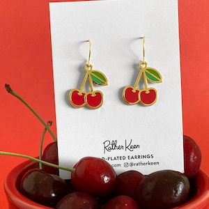 Cherry earrings - 22k gold-plated statement earrings -tiki earrings - mid-century earrings - food earrings - festival earrings