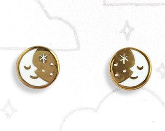 Sleepy Moon earrings - 22k gold - stud earrings - enamel earrings