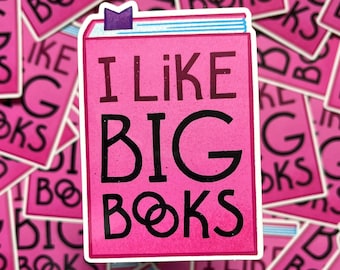 May include: A pink sticker with the text "I LIKE BIG BOOKS" in black. The sticker is in the shape of a book with a purple bookmark. The background is filled with similar stickers.