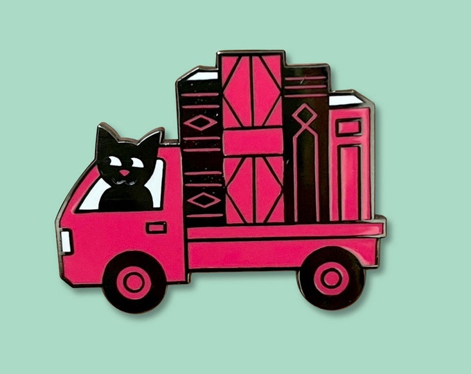 Book Truck Cat pin - bookmobile enamel pin - literary gift - gifts for book lovers - bookish gift - book pin - library love book mobile pin