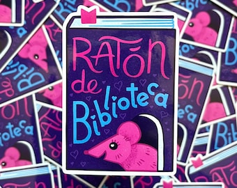 May include: A purple sticker with a pink mouse and the text "Ratón de Biblioteca" in pink and blue lettering. The sticker is surrounded by other stickers with the same design.