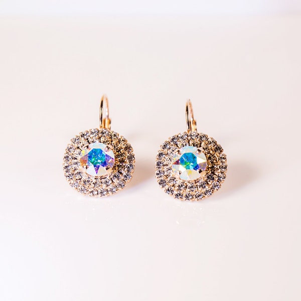 Halo Sparkle Swarovski Crystal AB Rose Gold Drop Earrings