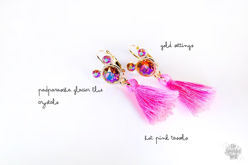 Mickey Ears Hot Pink Tassel Earrings Swarovski Padparascha image 0