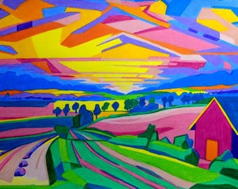May include: A vibrant, abstract landscape painting featuring a colorful sky with shades of yellow, orange, pink, and blue. A road leads to a pink house, with green fields and trees in the foreground. The artwork is a modern, colorful piece.