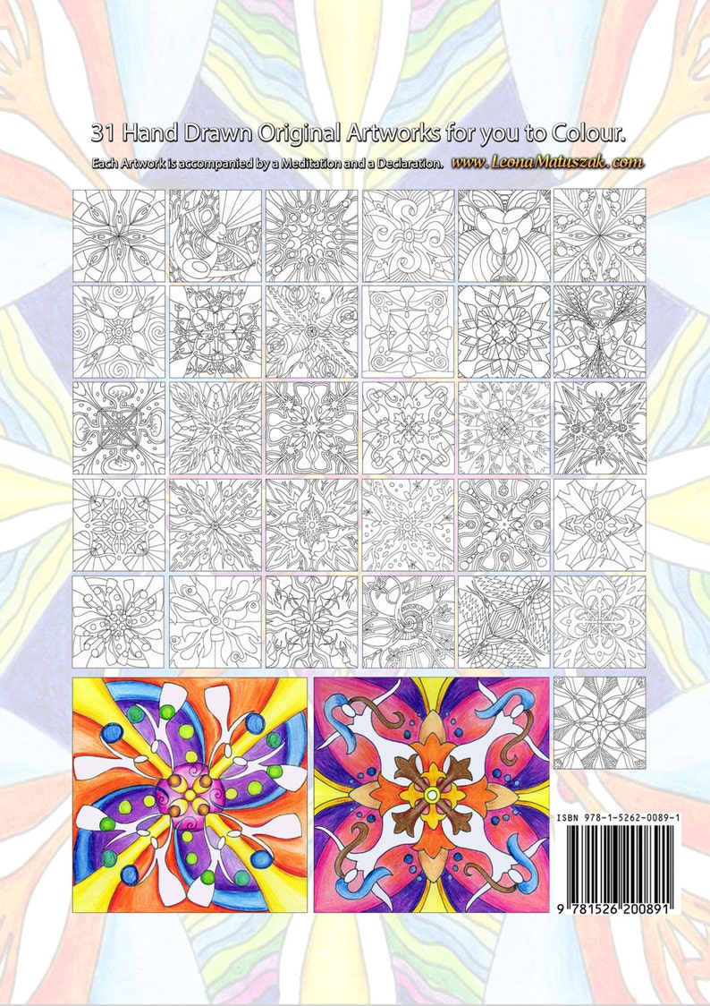 K&ouml;nnte beinhalten: Ein Buchcover mit einem farbenfrohen Mandala-Design. Der Buchtitel lautet "31 handgezeichnete Original-Kunstwerke zum Ausmalen". Die R&uuml;ckseite zeigt einen Barcode und die ISBN-Nummer 978-1-5262-0089-1.