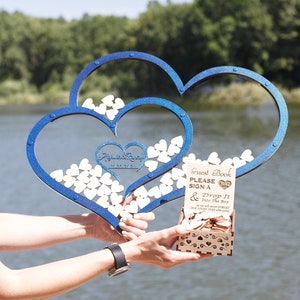 Dos corazones para invitados a la boda, recuerdos para enmarcar, regalo para el quinto aniversario de bodas, regalos de aniversario de madera, alternativa personalizada para libro de visitas
