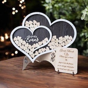 Wedding Guest Book Alternative in Heart Shape, Wooden Drop Box with Hearts, Personalized Sign, Rustic Decor for Reception or Anniversary