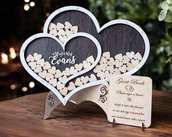Wedding Guest Book Alternative in Heart Shape, Wooden Drop Box with Hearts, Personalized Sign, Rustic Decor for Reception or Anniversary