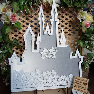 Marco con forma de corazón para baby shower, alternativa de libro de visitas personalizado, libro de visitas con castillo plateado, decoración de cumpleaños de princesa de cuento de hadas