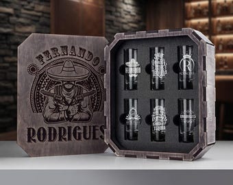 Engraved Wooden Box Tequila Shot Glass Set Custom Barware Gift Him Groomsmen Mezcal Lovers