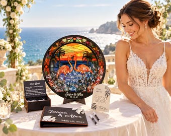 Flamingo Tropical Beach Wedding Guest Book Drop Box Stained Glass