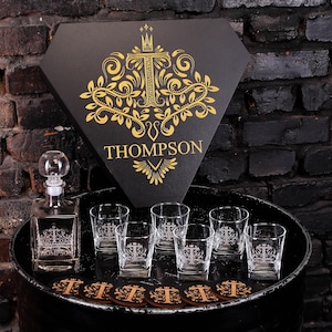 Decanter and Glasses with Your Monogram and Family Crest, Personalized Whiskey Set with Coasters, Christmas Gift for Him or Groomsmen