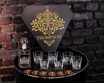 Decanter and Glasses with Your Monogram and Family Crest, Personalized Whiskey Set with Coasters, Christmas Gift for Him or Groomsmen