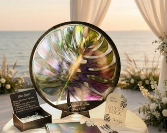 Monstera Leaf Tropical Beach Wedding Guest Book Stained Glass Drop Box Alternative Reception Decor