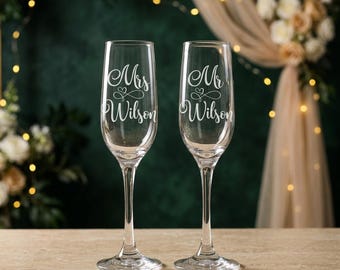 Bride Groom Wedding Champagne Flutes Personalized Engraved Mr Mrs Toasting Glasses Anniversary Gift Couples