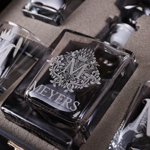 Engraved whiskey decanter set, gift for a man who has everything, scotch glasses with decanter in wood box, barware retirement gift