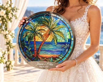 Personalized Palm Tree Wedding Guestbook Tropical Stained Glass Drop Box Beach Reception Alternative Decor