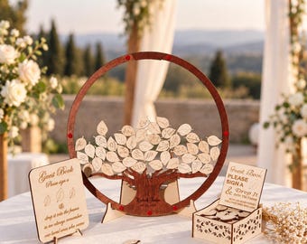 Woodland Family Tree Wedding GuestBook Rustic Acrylic Drop Box Reception Welcome Personalized Sign Decor