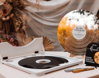 Custom White Vinyl Record Guest Book Alternative with Player Stand Wedding Music Decor