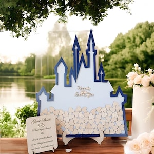 Wedding Guest Book Alternative Castle Shape, Wooden Drop Box with Hearts, Personalized Fairytale Guestbook for Reception or Party Decor