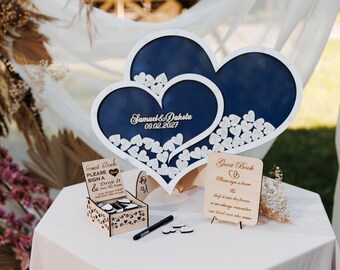 Blue Double Heart Wedding Guest Book Drop Box Rustic Personalized Alternative Reception Centerpiece Decor