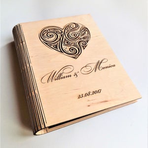 Wooden Wedding Guest Book and Photo Album, Engraved Heart, Custom Names and Date, Rustic Couple Keepsake, Personalized Memory Book