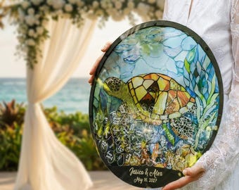 Tropical Beach Sea Turtle Wedding Guest Book Stained Glass Drop Box Reception Alternative Decor