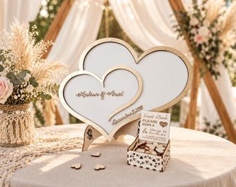 White Double Heart Wedding Guest Book Drop Box Personalized Rustic