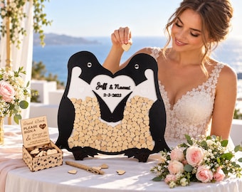 Personalized Penguin Wedding Guest Book Drop Box Anniversary Keepsake