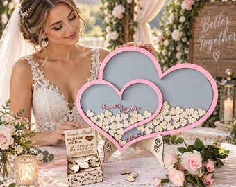 Pink Double Heart Wedding GuestBook Personalized Elegant Alternative Drop Box Keepsake Centerpiece Sign In