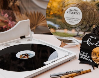 Wedding Guest Book White Vinyl Record Personalized Player Stand Music Keepsake Reception Ceremony Decor