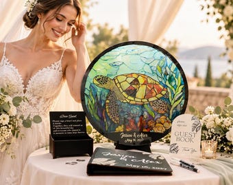 Sea Turtle Tropical Wedding GuestBook Drop Box Stained Glass Beach Reception Alternative Personalized Decor