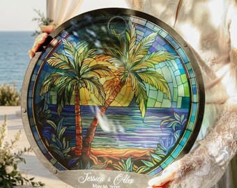Tropical Palm Tree Stained Glass Wedding Guestbook Drop Box Personalized Beach Reception Alternative Decor