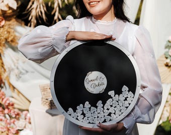 Personalized Black Round Wedding Guest Book Drop Box Circle Alternative Guestbook Hearts Reception Decor
