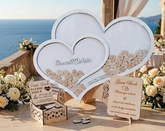 White Double Heart Wedding Drop Box Personalized Rustic Two Hearts Guest Book Alternative Keepsake