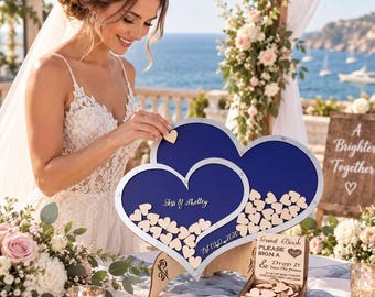 Navy Blue Double Heart Wedding GuestBook Alternative Personalized Drop Box Reception Decor Sign In