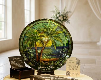 Palm Tree Tropical Beach Wedding GuestBook Stained Glass Drop Box Personalized Reception Alternative Decor