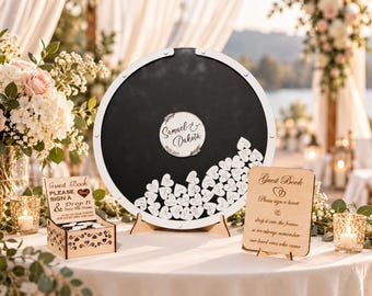 Round Black Wedding GuestBook Personalized Drop Box Circle Alternative Guestbook Hearts Reception Keepsake Decor