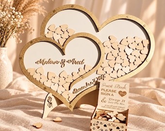 White Double Heart Wedding Guest Book Drop Box Personalized Rustic Alternative Sign Keepsake Holder