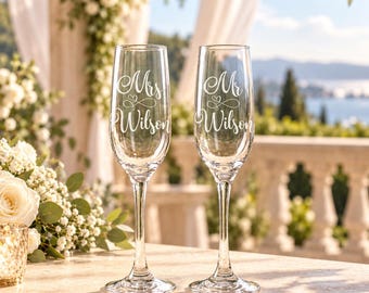 Wedding Champagne Flutes Engraved Mr Mrs Personalized Toasting Glasses Bride Groom Couples Keepsake Gift