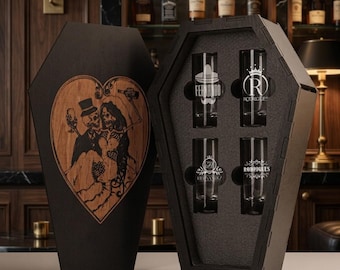 Gothic Tequila Shot Glass Set Coffin Box Personalized  Engraved Wedding Gift Halloween Party Tray