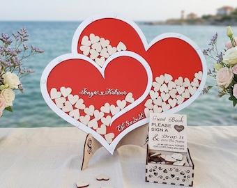 Double Heart Rustic Red Wedding Guest Book Personalized Drop Box Alternative Keepsake Sign In