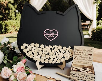 Cat Silhouette Wedding Guest Book Personalized Rustic Drop Box Alternative Reception Keepsake Welcome Decor